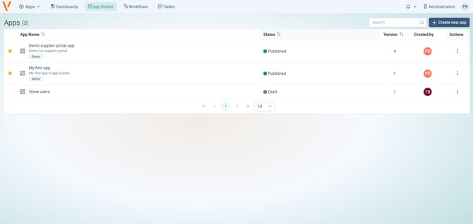 The App Library showing existing apps with their status, version, and creator