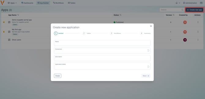 Dialog for creating a new app with name, description, and connection fields