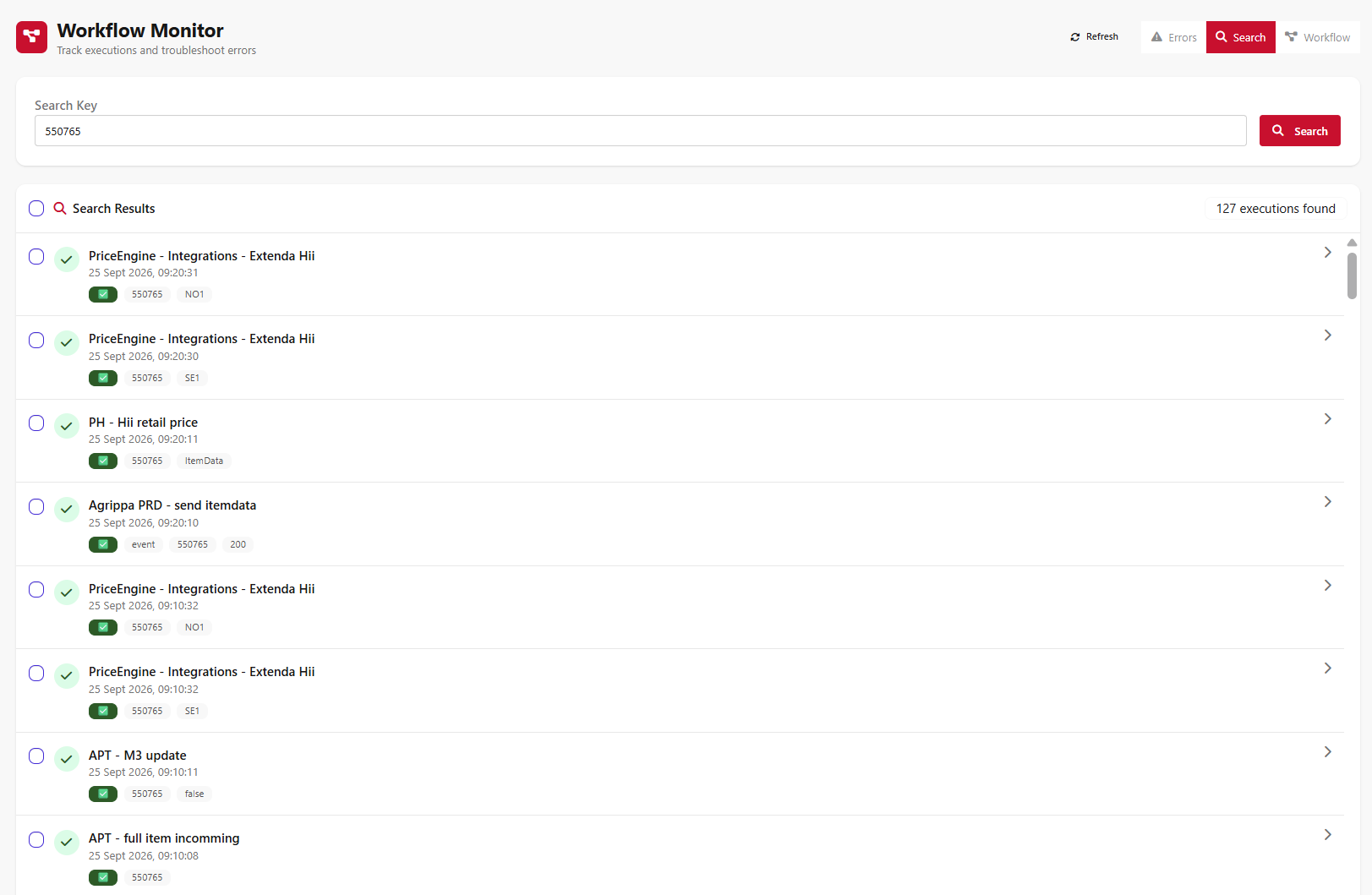 A sample cross-workflow search app showing executions across multiple workflows that share the same executionKey value