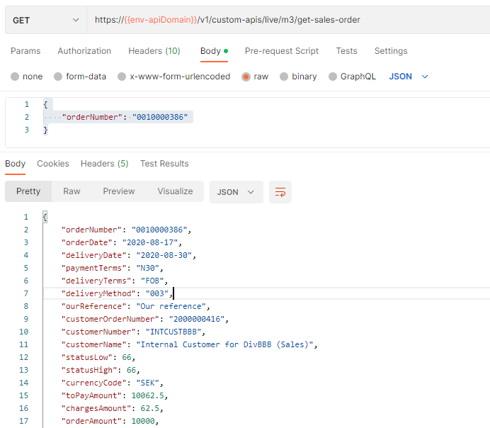 GET request to the Custom API sales-order endpoint returning the transformed order JSON
