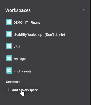 Workspaces panel with the "+ Add a Workspace" option