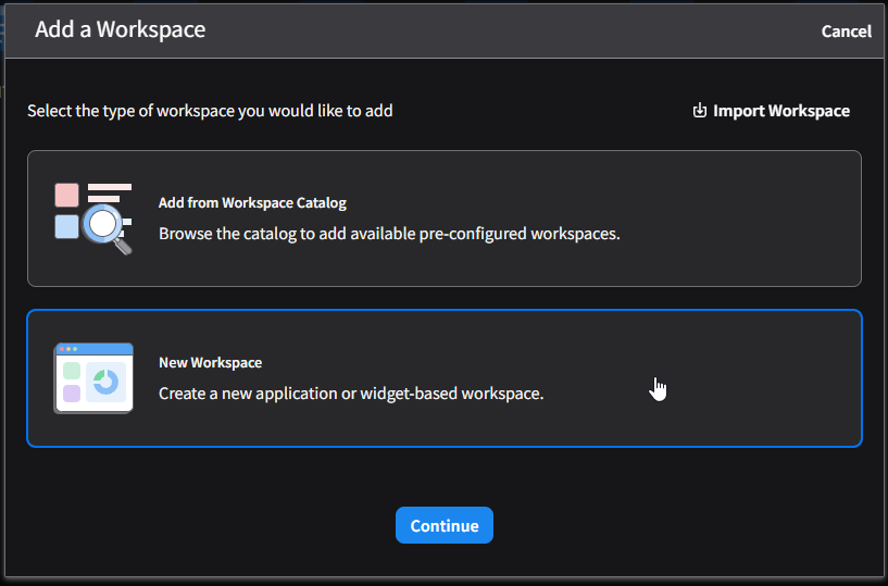 Add a Workspace dialog with the New Workspace option selected