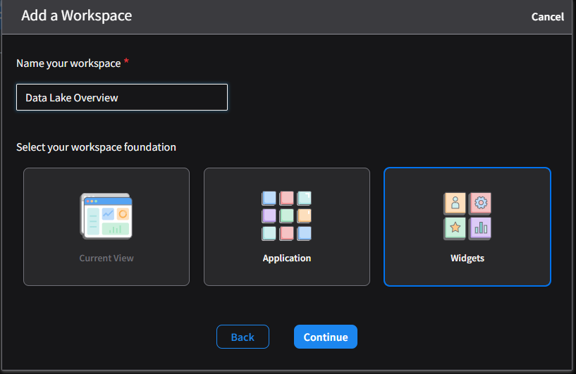 Naming the workspace "Data Lake Overview" and selecting the Widgets foundation
