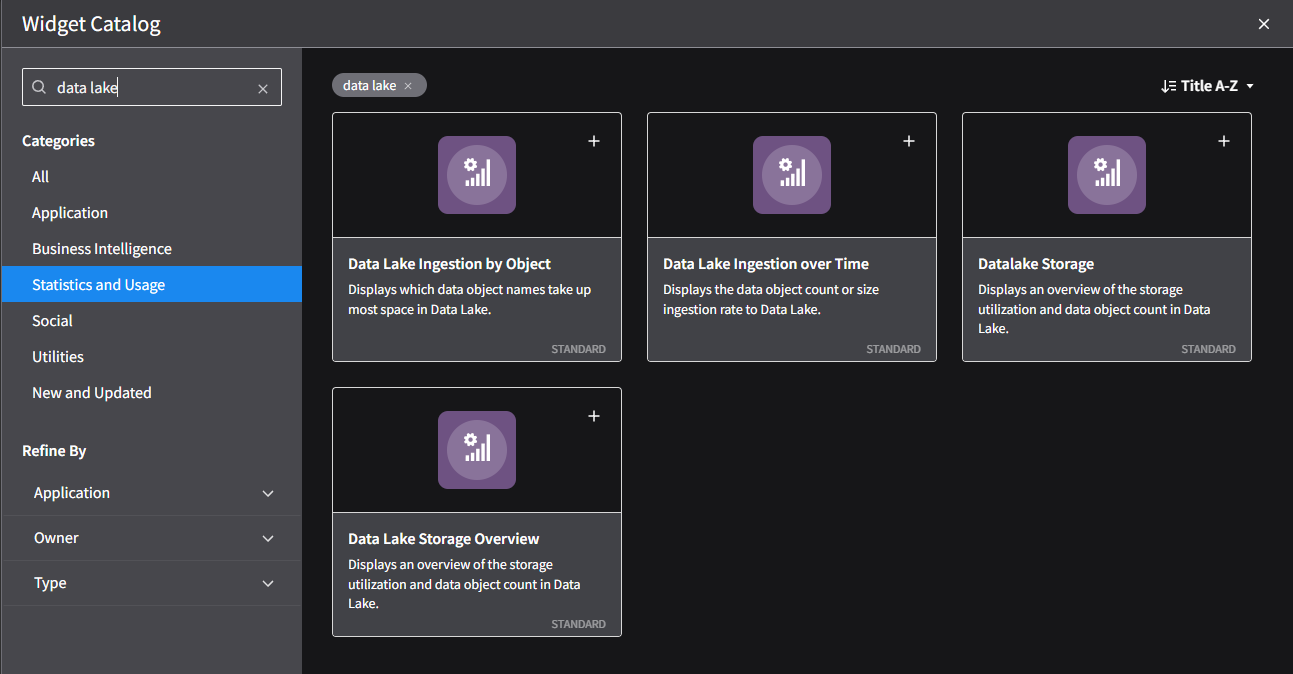 Widget catalog filtered to "data lake", showing the four Data Lake widgets