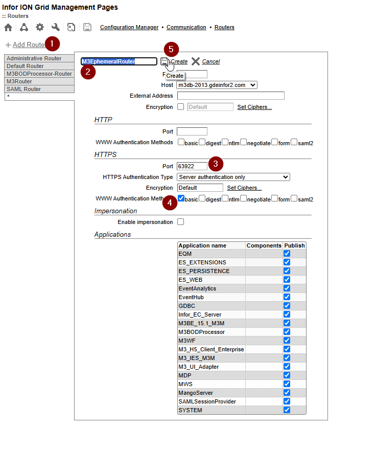 Creating a new router named M3EphemeralRouter with HTTPS port 63922 and basic authentication enabled