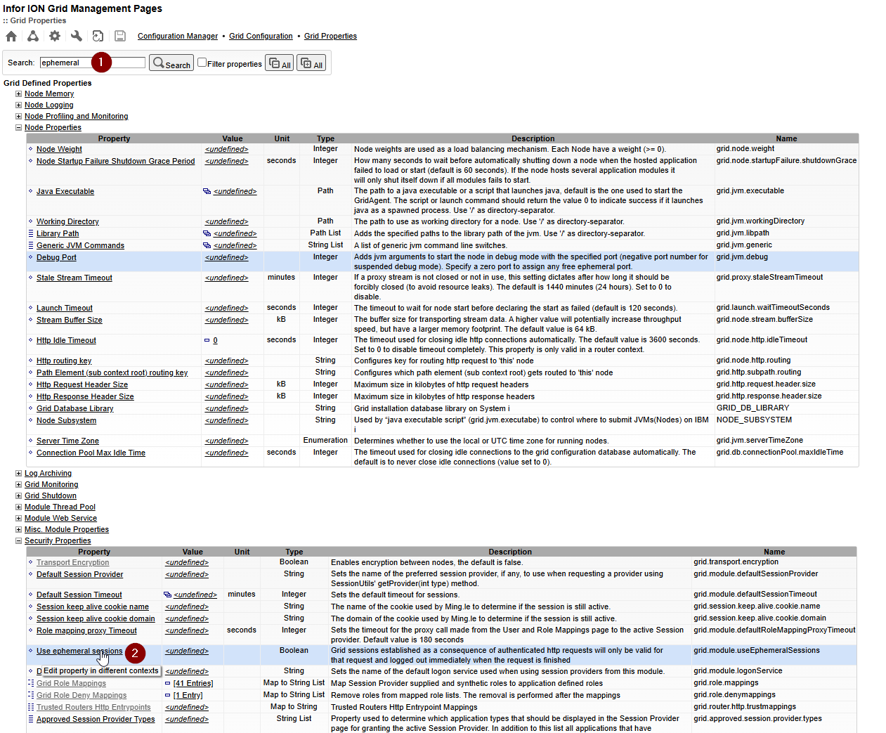 Searching Grid Properties for "ephemeral" and opening the Use ephemeral sessions property
