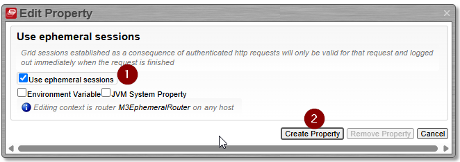 Enabling the Use ephemeral sessions checkbox and clicking Create Property