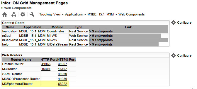 Verifying the new router and its HTTPS port in the M3 BE Web Components page