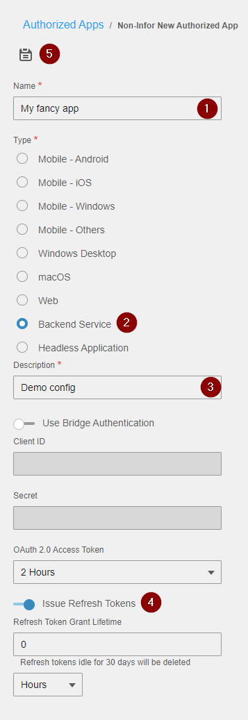 Authorized App configuration form with name, description, Backend service type, and Issue Refresh Tokens toggle