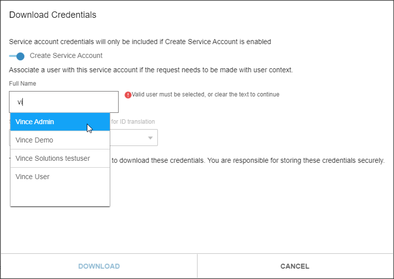 Create service account toggle with a user selected