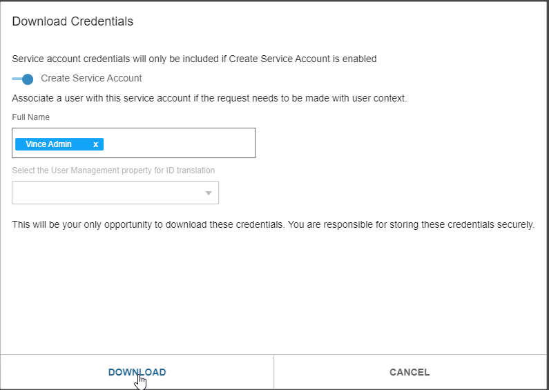 Download button for the .ionapi credentials file