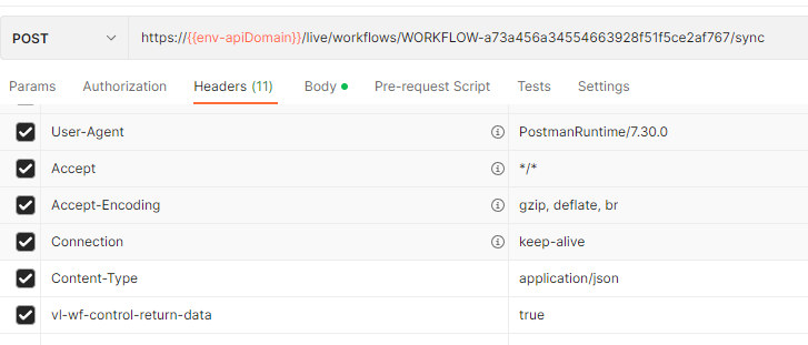 Postman request configured with the vl-wf-control-return-data header set to true