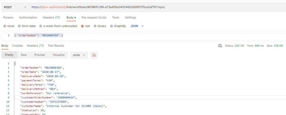 Postman POST request to the synchronous workflow endpoint returning the transformed order JSON